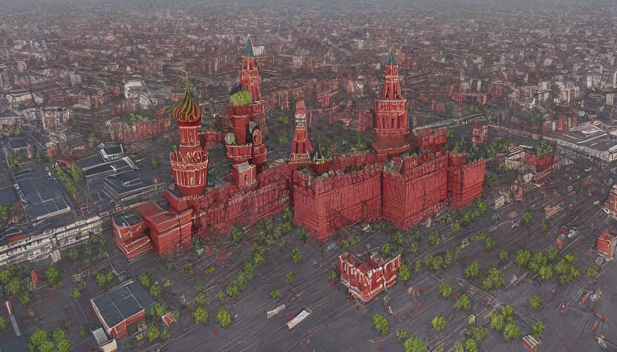 Image similar to Moscow's Red Square destroyed, abandoned and overgrown, hyperdetailed, artstation, cgsociety, 8k