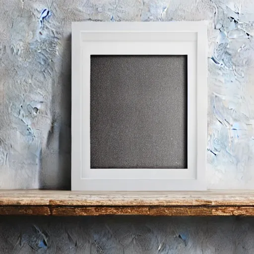 Prompt: a minimalist mockup photo with large blank frame, in a boho style studio with a white background wall, trending on etsy