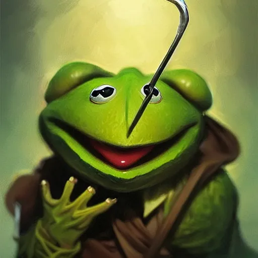 Image similar to “Kermit the Frog, elegant, beautiful, fire hair, sword, big eyes, fantasy, highly detailed, digital painting, artstation, concept art, sharp focus, illustration, art by artgerm and greg rutkowski and Alphonse mucha”