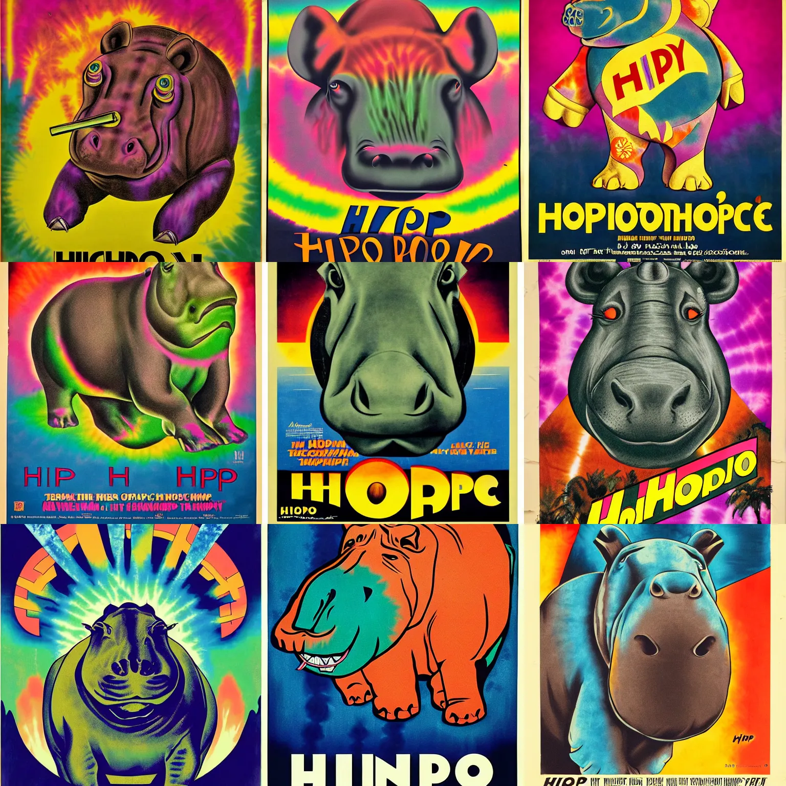 Prompt: art deco vintage movie poster of antromorphic hippo wearing tie dye bandana movie called hippy hippo