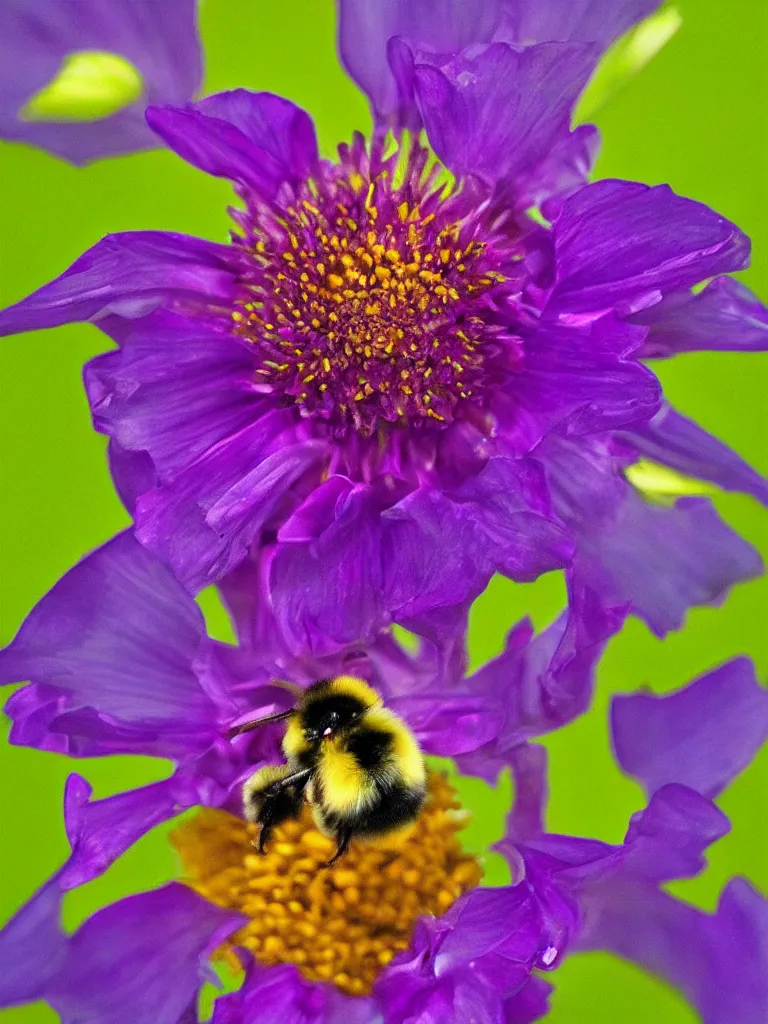 Image similar to bumble bee flying through glowing ring landing on a purple dahlia, hyper-detailed, digital art, artist Bev Dolittle