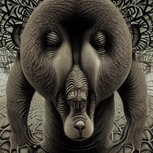 Image similar to oversized bear, freak show, surrealism, fractalism, strange, hyperdetailed, photorealistic, interesting, benoit b. mandelbrot, m. c. escher, patrick woodroffe, ernst fuchs, zdzisław beksinski, id magazine, octane, cinematic, hyperrealism, 8 k, depth of field, bokeh