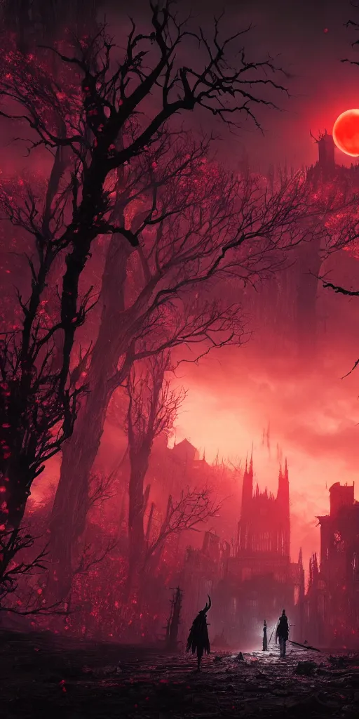 Image similar to abandoned bloodborne old valley with a person at the centre and a ruined gothic city at the end, trees and stars in the background, falling red petals, epic red - orange moonlight, perfect lightning, wallpaper illustration by niko delort and kentaro miura, 4 k, ultra realistic