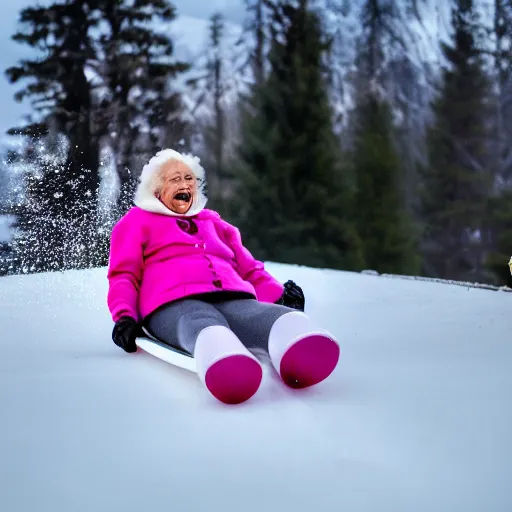 Image similar to professional photo, an elderly woman sliding down an incredibly long ice luge on her back at incredibly high speeds