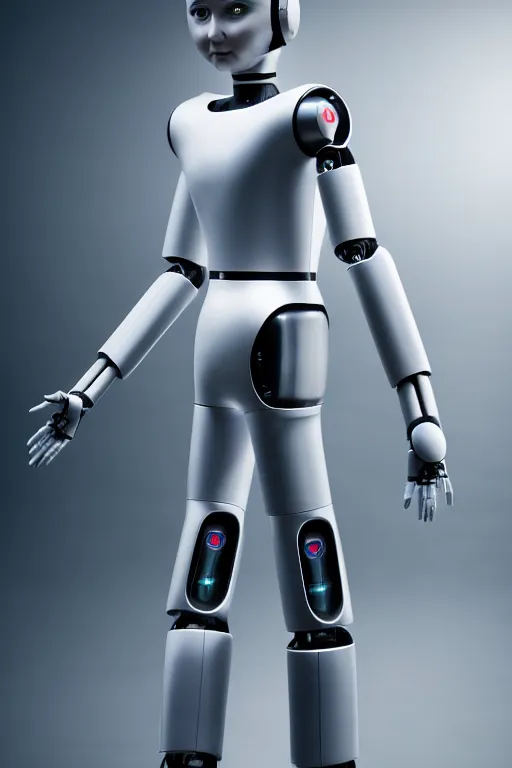 Prompt: futuristic humanoid personal robot designed by porsche, xf iq 4, 1 5 0 mp, 5 0 mm, f / 1. 4, iso 2 0 0, 1 / 1 6 0 s, natural light, octane render, adobe lightroom, rule of thirds, symmetrical balance, depth layering, polarizing filter, sense of depth, ai enhanced