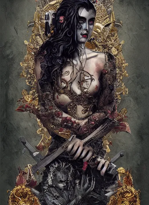 Prompt: tarot card :: horror :: vampires and draculas :: cult and clan :: hearts and roses :: gold and silver :: guns and swords :: highly details :: intricate details :: Sandra Chevrier and bastien lecouffe deharme