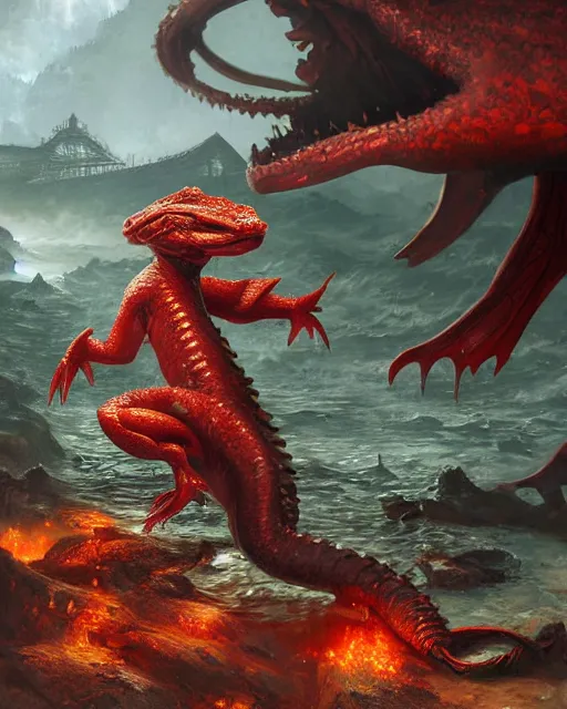 Image similar to game character beautiful giant kaiju sized dragon half fish half salamander, wet amphibious skin, red salamander, axolotl creature, korean village by Ruan Jia and Gil Elvgren, fullbody