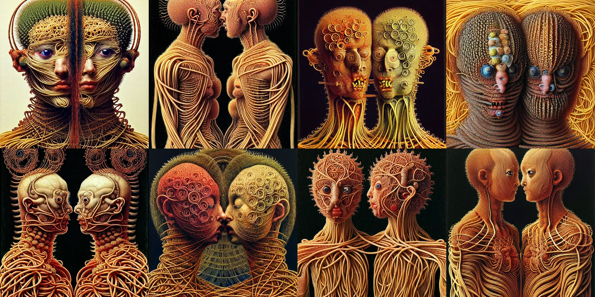 Prompt: siamese twins made of spaghetti, intricate armor made of fractals of spagetthi, highly detailed, no portrait, by giuseppe arcimboldo and ambrosius benson, renaissance, a touch of beksinski and takato yamamoto, realistic
