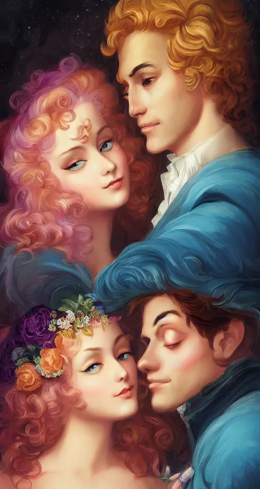 Prompt: A vintage rococo painting Charlie Bowater and Gabrielle Ragusi by Salvador Dalle Lisa Frank :: He always knew she was the one :: dapper man handsome with beautiful hair and brown eyes, a smile to take your breath away. Cute and mine from the first meeting until the end of time :: hd