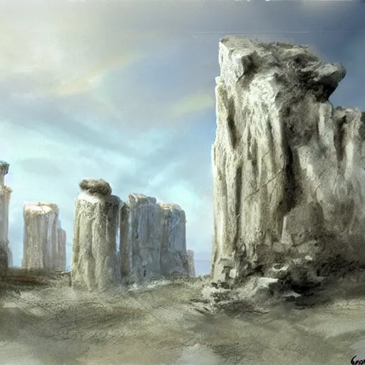 Image similar to concept art by craig mullins of a small, white marble cliff in a meditereanian landscape, with stone henge on top