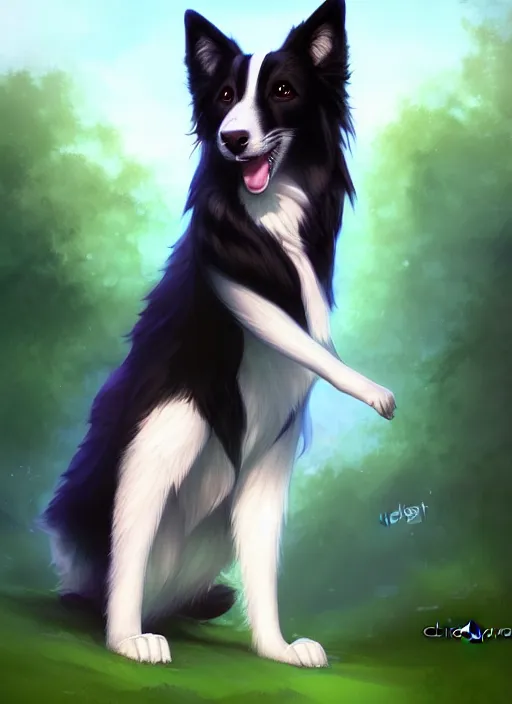 Image similar to wide angle beautiful full body portrait of a cute male anthropomorphic border collie fursona wearing a t - shirt and posing in front of a park, character design by charlie bowater, henry asencio, and ross tran, furry art, furaffinity, scenic background, beautiful, glamor pose, detailed, aesthetic, trending on artstation