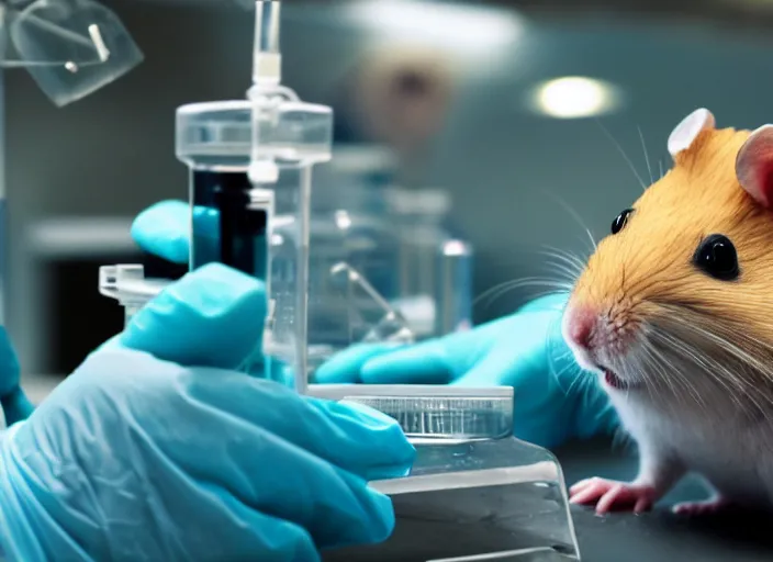 Image similar to film still of a hamster working in a research lab finding the cure for cancer, 8 k