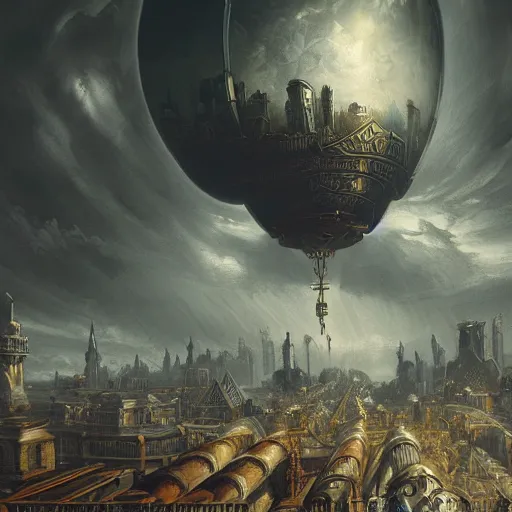 Image similar to enormous flying city in a faberge egg, sky, steampunk, fantasy art, masterpiece, hugh ferriss, unreal engine, peder balke, andreas achenbach cloudy background