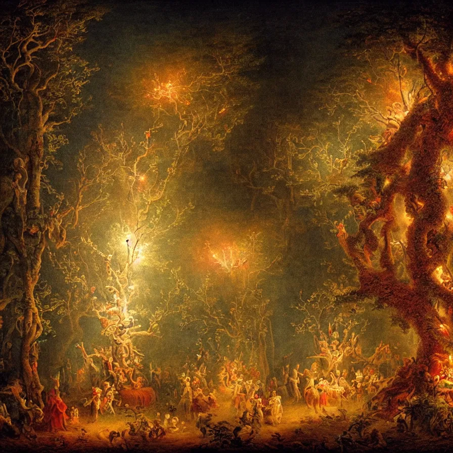 Image similar to closeup of a night carnival inside a tree cavity in a magical forest in the middle of a summer storm, with a music scenario with many fireworks and christmas lights, volumetric lightning, instense god rays in the sky, folklore people disguised with fantastic creatures in a magical forest by summer night, masterpiece painted by fragonard, very coherent and colorful high contrast masterpiece,