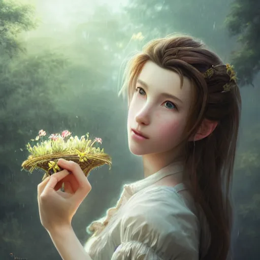 Image similar to Beautiful riveting aesthetically pleasing Aerith Gainsborough holding a flower basket portrait, face centered portrait, Confident, fog, rain, volumetric lighting, beautiful, golden hour, sharp focus, ultra detailed, conceptartworld by Leesha Hannigan, Ross Tran, Thierry Doizon, Kai Carpenter, Ignacio Fernández Ríos