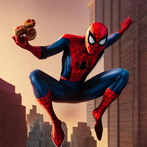 Image similar to spider - man sit on the raccoon and eating donuts, concept art, trending on artstation, highly detailed, intricate, sharp focus, digital art, 8 k