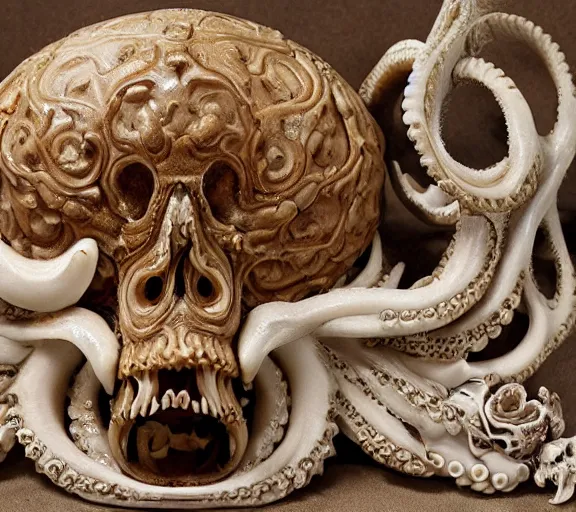 Image similar to an intricately detailed carving in an human - octopus skull, rococo ornate bone and ivory sculpted skull with teeth and tentacles, horror, artifact, micro detailed, inscribed with occult symbols, otherworldly