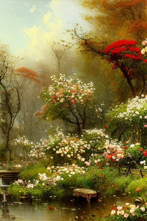 Image similar to detailed painting of a modern marble botanical sanctuary, flowers and plants blooming, trees, autumn, spring, winter, summer, filigree ornaments, andreas achenbach