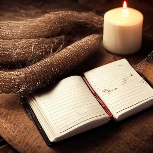 Prompt: very old and dusty diary book, covered with spider webs, nostalgic scene, candle light, warm light