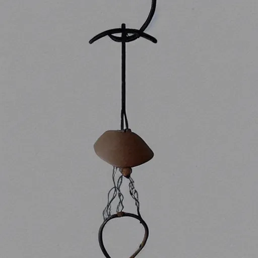 Image similar to This is a sketch of a wind chime made from the pieces of a broken mug. It shows the mug handle as the top piece with strings attached to it, and the bottom pieces of the mug hanging down like little bells, sketch, illustration, artstation