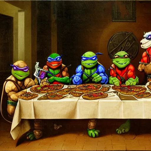 Prompt: teenage mutant ninja turtles are sitting at the table. da vinci. secret supper. there is a cola on the table. pizza on the table. realistic oil painting on canvas