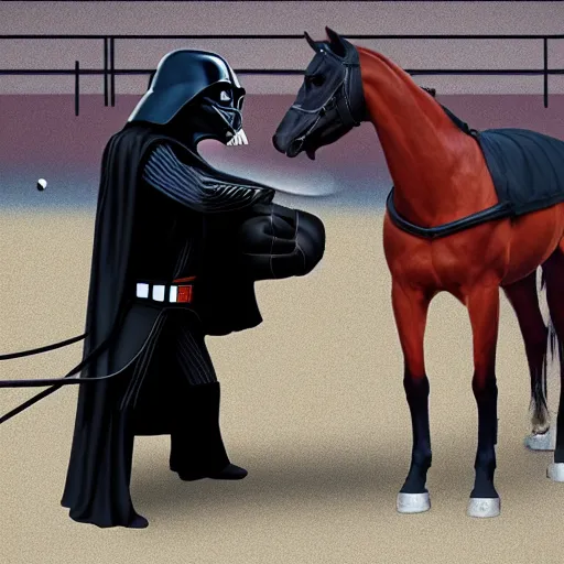 Image similar to a horse boxing darth vader, hyperrealistic, 8 k