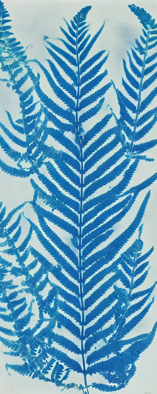 Image similar to a beautiful fern Cyanotype by Anna Atkins, seaweed, Algae, white on a blue background, Photography, botanical