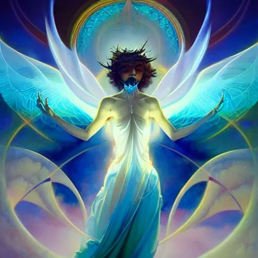 Image similar to psychedelic angelic celestial being artwork of peter mohrbacher, frank xavier leyendecker, energy body, sacred geometry, esoteric art, divinity detailed, saturated colors,