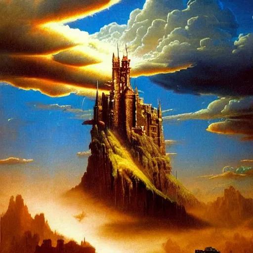 Image similar to by bruce pennington, by tony moore, by thechamba emotive renaissance painting. a beautiful land art of a castle in the clouds.