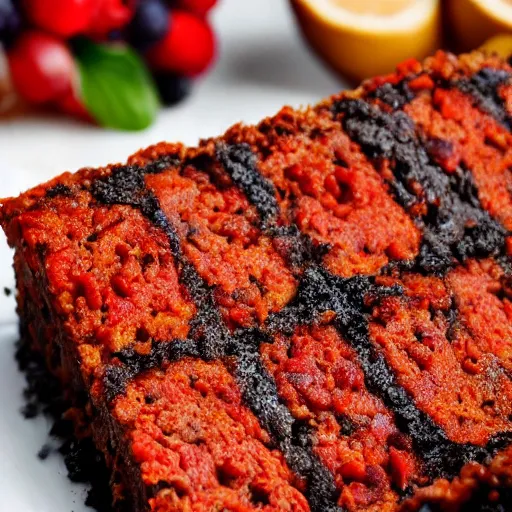 Image similar to close view of a beautiful and delicious chorizo cake piece, chorizo slices on top, 4 k