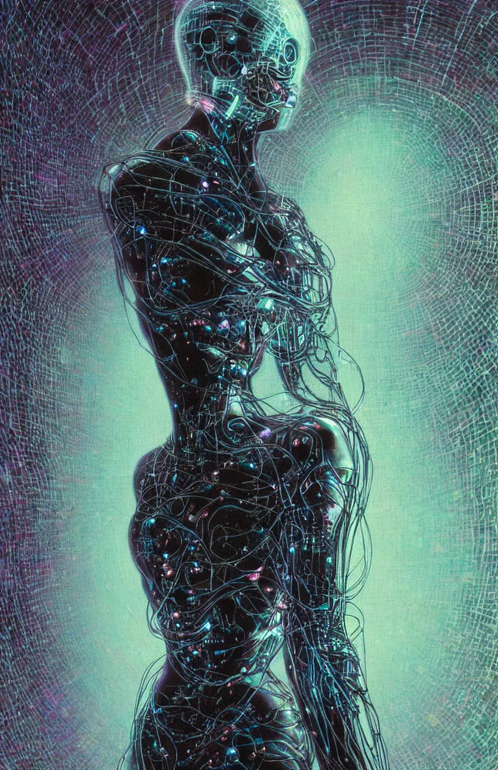 Image similar to an cybernetic goddess, contemplating existence, beyond the known universe, fine art, bokeh, omnidimensional, ocd, electroluminescent wire by wayne barlowe