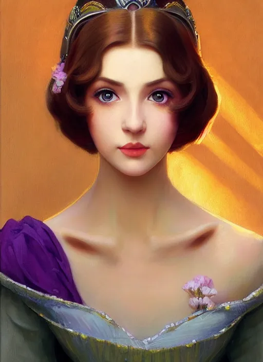 Image similar to princess peach, brown hair, bob cut, yellow highlights, bright purple ball gown, beautiful face, oil on canvas, art station, beautiful brown eyes, by j. c. leyendecker and edmund blair leighton and charlie bowater, beautiful face, octane, very aesthetic, stunning beautiful brown eyes