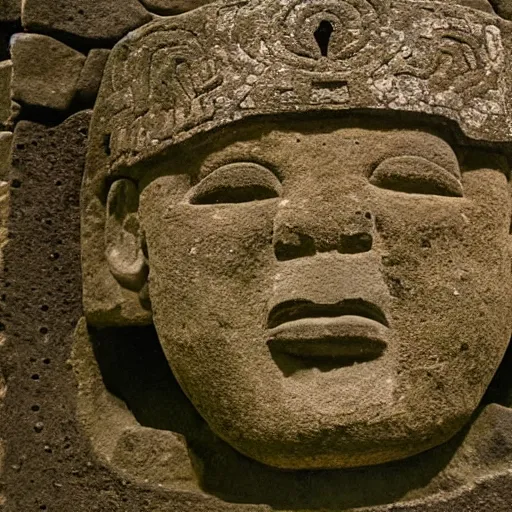 Prompt: photograph of an imposing olmec head carved into a mossy stone wall with ornate incan patterns