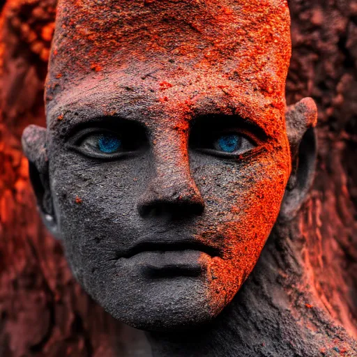 Prompt: beautiful lava human figure, exotic trees, bare bark, dark eyes, low angle mist, high octane, frostbite, 8 k, cinematic, 3 5 mm