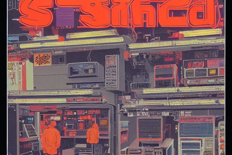 Prompt: 1979 Popular science Magazine Cover of an electronics stall in neo-Tokyo in cyberpunk style by Vincent Di Fate