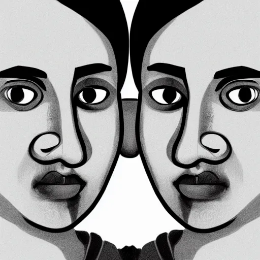 Image similar to perfectly centered symmetrical split male and female portrait of young indian man and woman in love sharing one heart. illustration, highly detailed, simple, no jagged lines, smooth, artstation, artwork by chip zdarsky