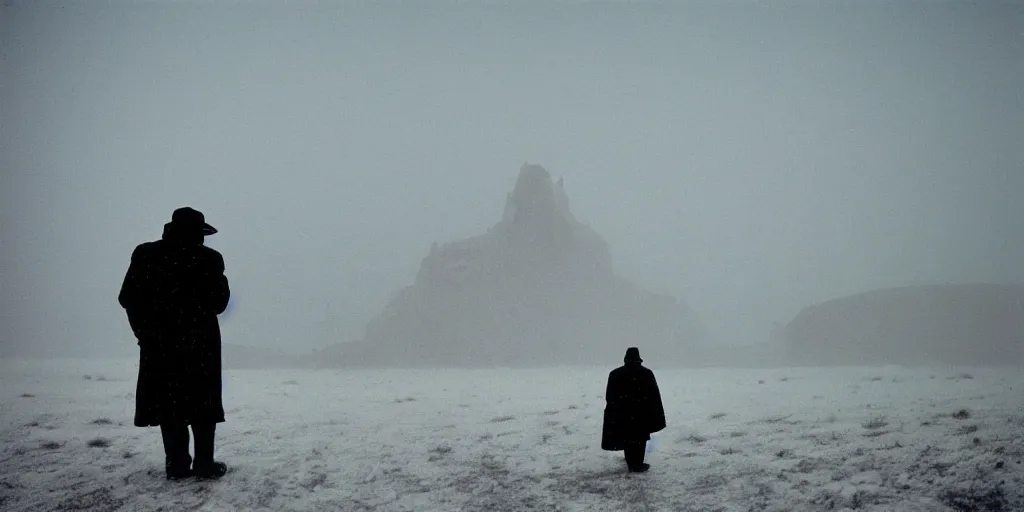 Prompt: photo of shiprock, new mexico during a snowstorm. a old man in a trench coat and a cane appears as a hazy silhouette in the distance, looking back over his shoulder. cold color temperature. blue hour morning light, snow storm. hazy atmosphere. humidity haze. kodak ektachrome, greenish expired film, award winning, low contrast.