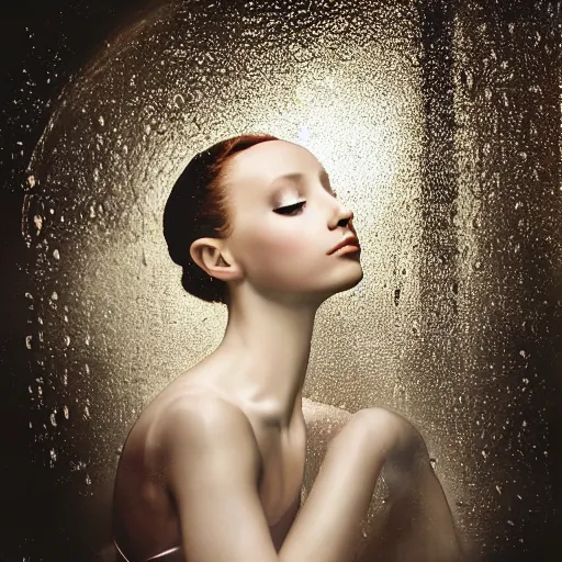 Image similar to portrait of a ballerina with a beautiful porcelain face, rain, cinematic light and reflections, beautiful dreamy lighting, photographed by annie leibovitz, zbrush,