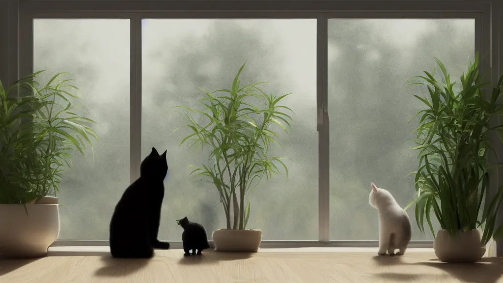 Prompt: peaceful dreamy painting of a black cat and a tabby cat looking at each other through a window, sunshine coming through the window, small plants on the window sill, 8k, hyper realism, trending on artstation, octane render