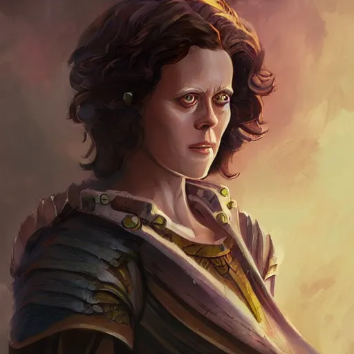 Image similar to young sigourney weaver as a d & d paladin, character portrait by wlop