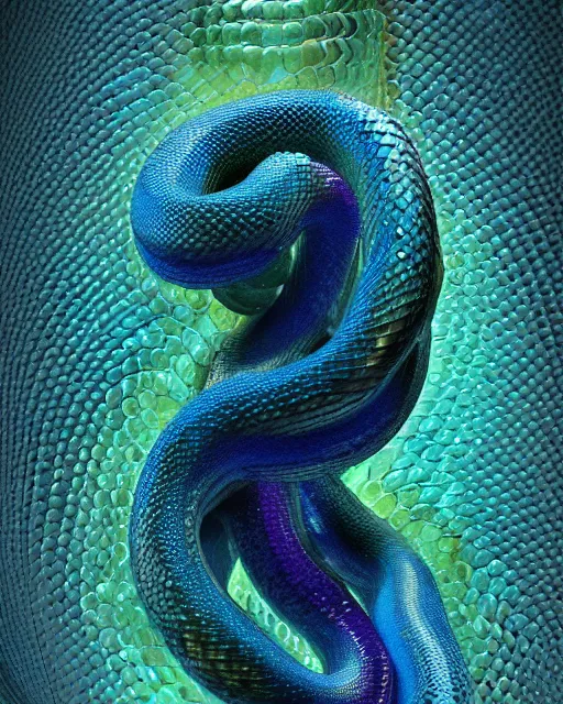 Image similar to a photo of a sculpture of a snake made from blue and emerald and amethyst crystal geode formations with liquid gold tendrils by jean pierre roy by stanisław szukalski by beeple, octane render, recursive, tendrils, tessellation, elestial crystals, geode, refracted light