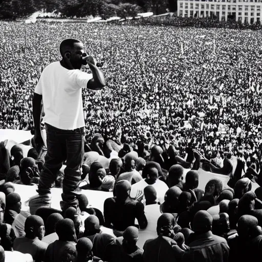 Image similar to vintage photograph of Kanye West speaking at the Million Man March, Sigma 40mm, portrait, black and white