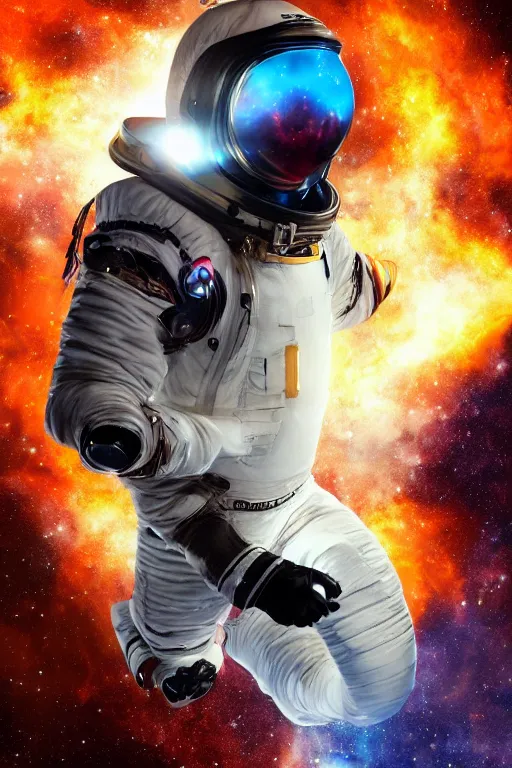 Prompt: cinematic action shot of a fit african-american male in an advanced spacesuit floating in front of exploding nebulae, detailed digital illustration trending on artstation by artgerm and rutkowski