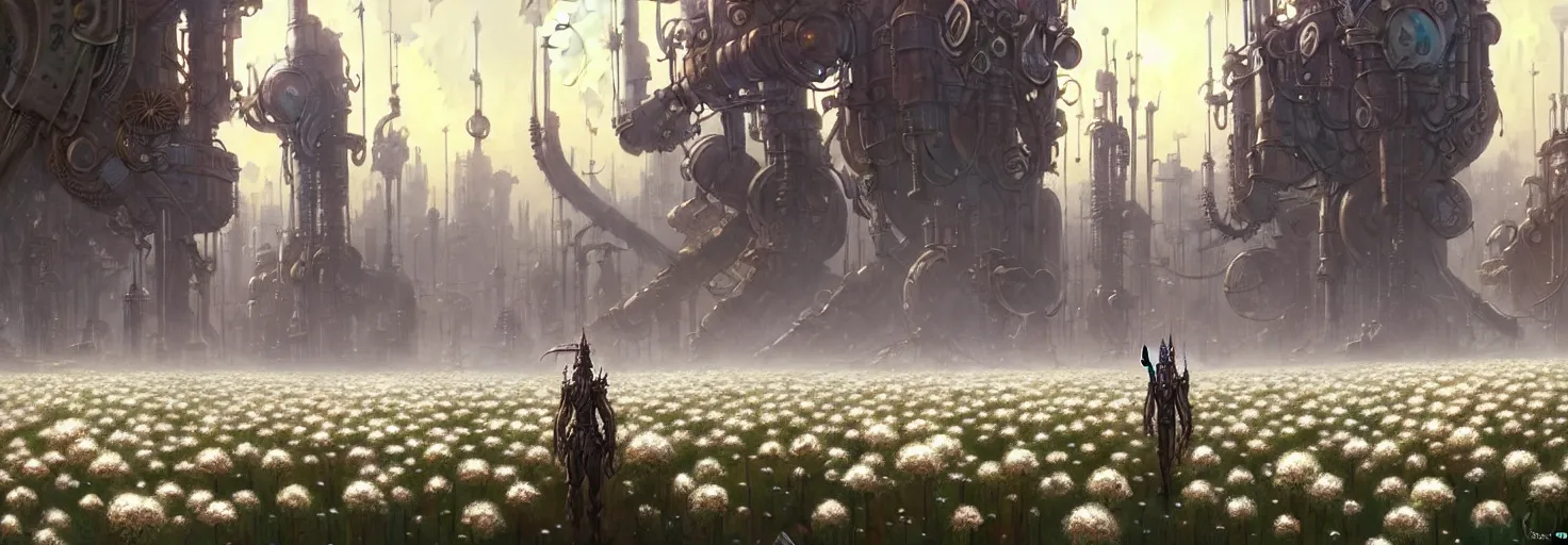 Image similar to steampunk cybercity in a field of white flowers, godrays, cinematic, poster art by james gurney jesper ejsing, ilya kuvshinov, greg rutkowski frank frazzeta on artstation