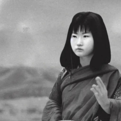 Prompt: Priest Tripitaka played by teenage Masako Natsume with bald head on a pilgrimage to India to fetch holy scriptures and save the world, IMAX Movie Still