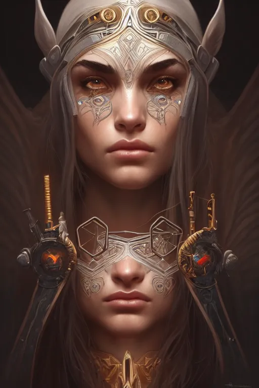 Image similar to symmetry!! portrait of madison beer in the style of god of war, machine parts embedded into face, intricate, elegant, highly detailed, digital painting, artstation, concept art, smooth, sharp focus, illustration, art by artgerm and greg rutkowski and alphonse mucha, 8 k