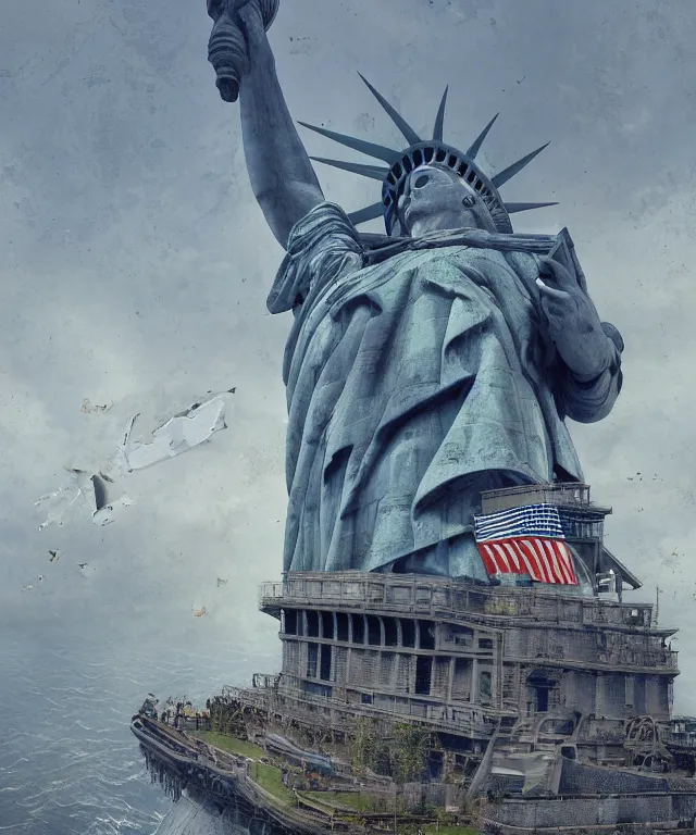 Image similar to highly detailed digital matte painting of an overgrown, abandoned, damaged close up of Lady of Liberty, taken back by nature Lady Liberty is the focus. Full shot. By Raphael Lacoste and Ruan Jia and Robert McCall, postcyberpunk, geodesic dome, hyperdetailed, sunrise, wide shot, autochrome, octane render