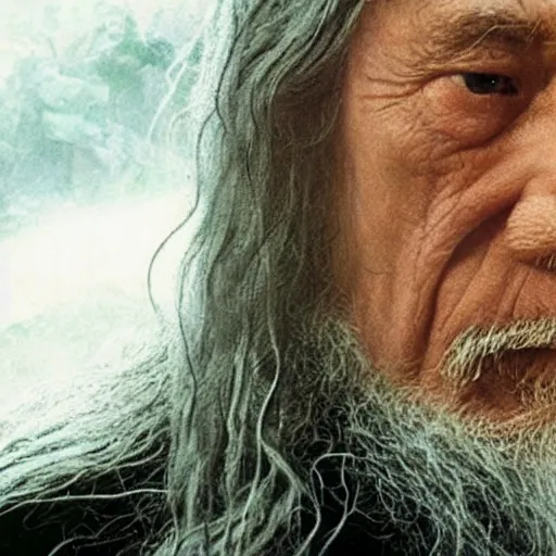 Prompt: a still from “ lord of the rings ” of a head and shoulders portrait of fei lung dressed like gandalf, photo by phil noto