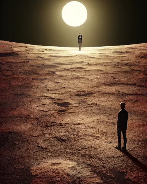 Image similar to a person standing in front of a glowy open door that's on a barren moon, poster art by mike winkelmann, trending on cg society, space art, sci - fi, ue 5, futuristic, volumetric lighting, light casting onto the ground, neat composition and camera angle