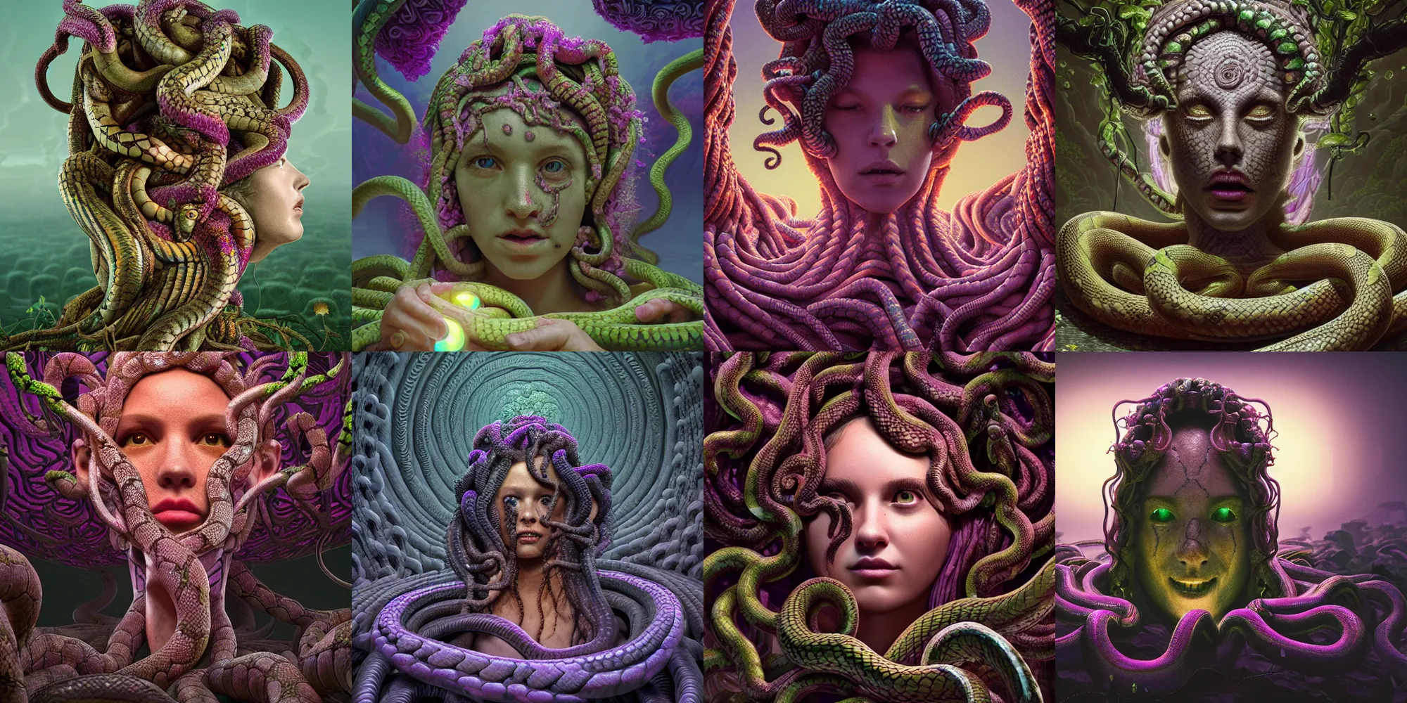 Prompt: beautiful creepy medusa gorgon gaze head, highly detailed snakes, beautiful flowers, beautiful dark creepy landscape, in the style of beeple and mike winkelmann, intricate, epic lighting, cinematic composition, hyper realistic, 8 k resolution, unreal engine 5, raytracing, ultraviolet colors,